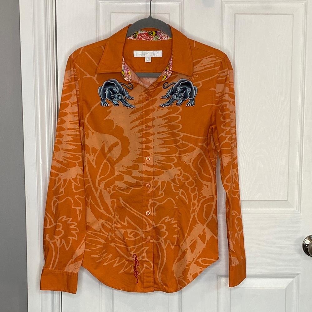 Ed Hardy Orange Tattoo Graphic Button Down Y2K Western Shirt L - Picture 8 of 16